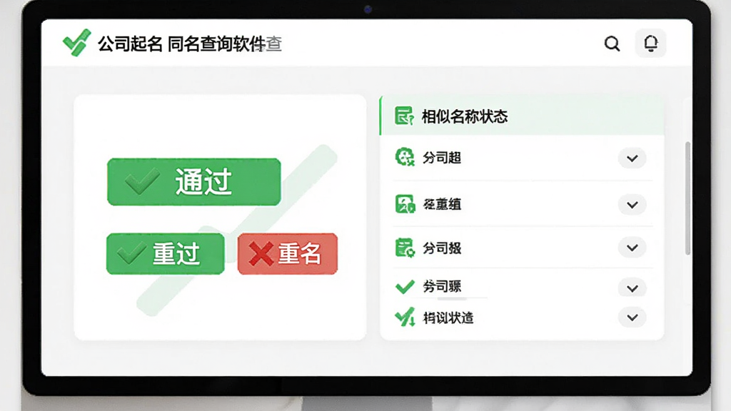 公司起名同名查询软件查重结果页面,显示“通过”或“重名”状态标签,旁边附有相似名称列表,界面采用卡片式布局,色彩以白色和绿色为主,图标清晰,文字突出,画质高清,干净整洁