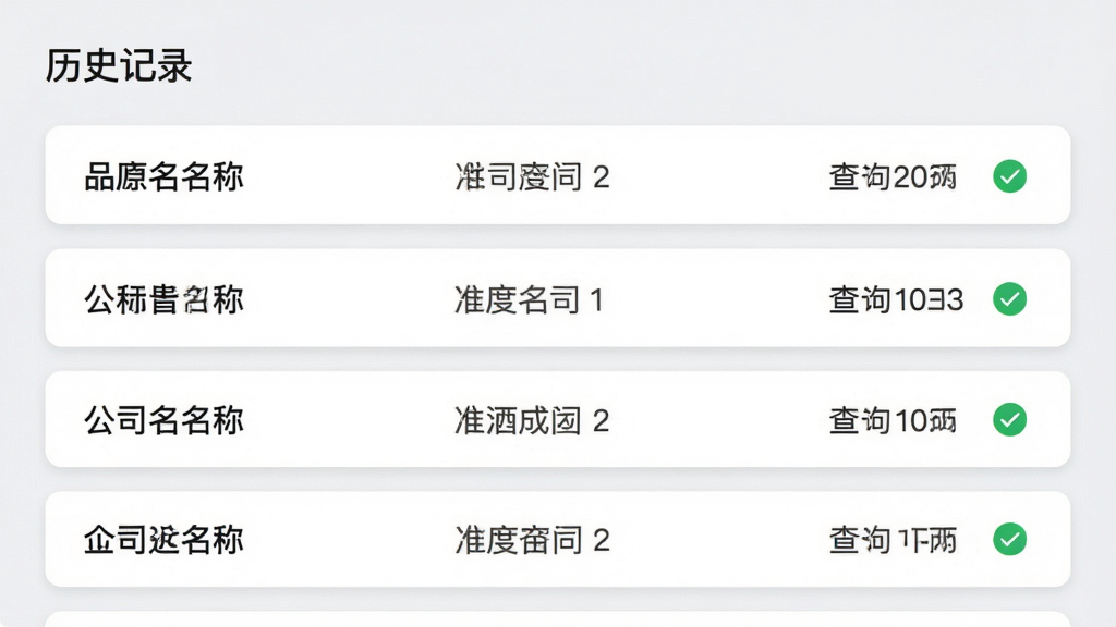 公司起名同名查询软件历史记录列表,展示多条查询记录,每条记录包含公司名称、查询时间和状态图标,界面采用浅灰色背景,白色卡片列表,排版清爽,画质高清,文字标注“历史记录”,干净无多余元素
