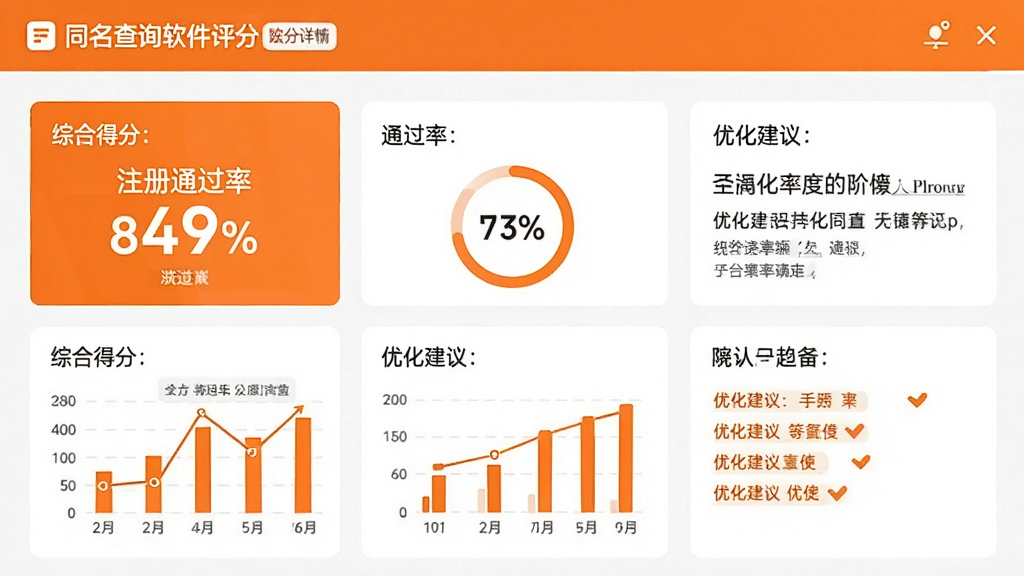 公司起名同名查询软件评分详情界面,展示综合得分、通过率百分比和优化建议,界面以橙色和白色为主,数据可视化图表清晰,布局规整,画质高清,文字标注“注册通过率”和“优化建议”,干净无多余元素
