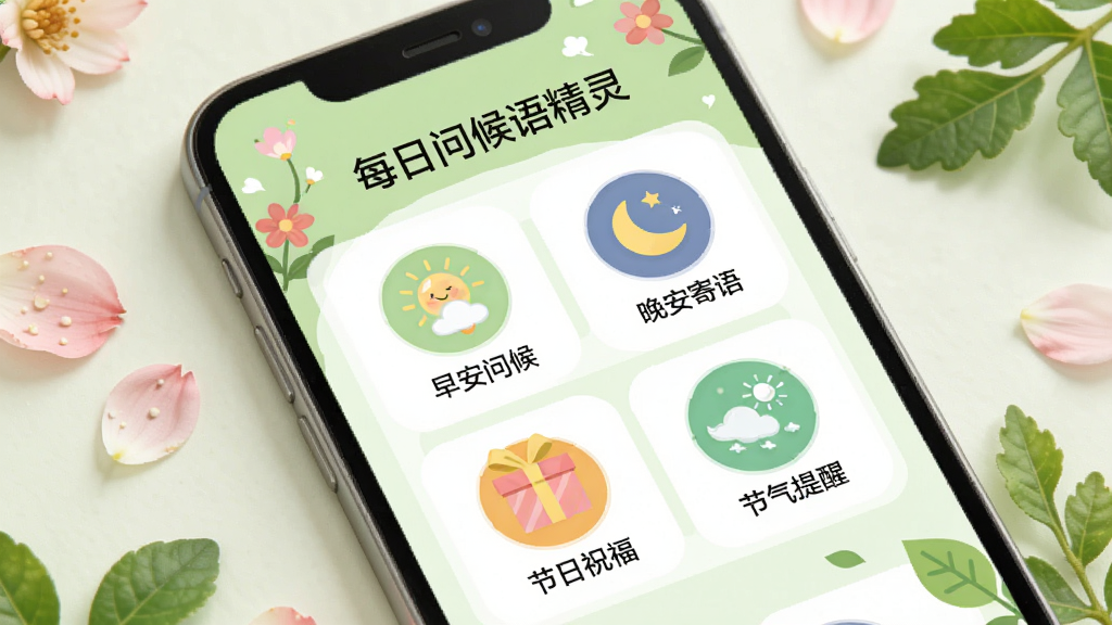 手机屏幕上展示“每日问候语精灵”的问候语分类列表,包括“早安问候”、“晚安寄语”、“节日祝福”、“节气提醒”等图标,周围点缀着花瓣和绿叶,整体采用浅绿色调,扁平化设计风格,画面干净,细节丰富,无多余元素