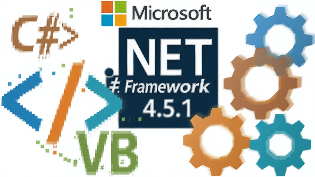 主体:抽象化的代码符号与齿轮组合,背景为“Microsoft .NET Framework 4.5.1”的Logo。布局:左右对称,代码符号在左,齿轮在右。排版:Logo位于画面中央上方。风格:扁平化科技插画风。细节:代码符号包含C#、VB字样,齿轮咬合紧密。画质:高清晰度,色彩明快,干净,无多余元素。
