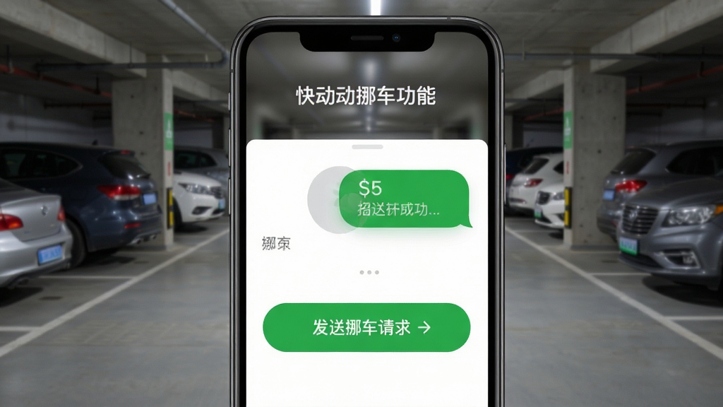 快动动一键挪车功能界面,手机界面显示“发送挪车请求”按钮,模拟短信发送成功动画,背景为停车场场景,界面友好,绿色按钮醒目,画质干净,无多余元素