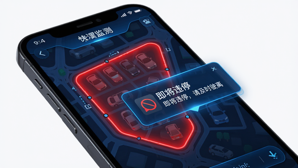快动动智能违停监测功能示意图,手机屏幕显示地图停车区域,红色禁停区域高亮,弹窗提示“即将违停,请及时驶离”,界面科技感强,蓝色和红色配色,画质清晰,无多余元素