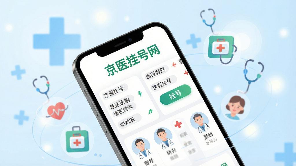 画面主体为一部智能手机屏幕展示“京医挂号网”APP主界面,界面顶部显示“京医挂号网”绿色文字标识,下方排列医院列表与挂号按钮;背景为淡蓝色医疗十字与柔和光斑;布局采用居中构图,手机斜放45度,周围环绕抽象的健康图标;排版简洁大气,突出APP名称;风格为现代扁平插画风,色彩清新明快;细节上手机屏幕内显示清晰的科室分类与医生头像,画质高清,干净无多余元素