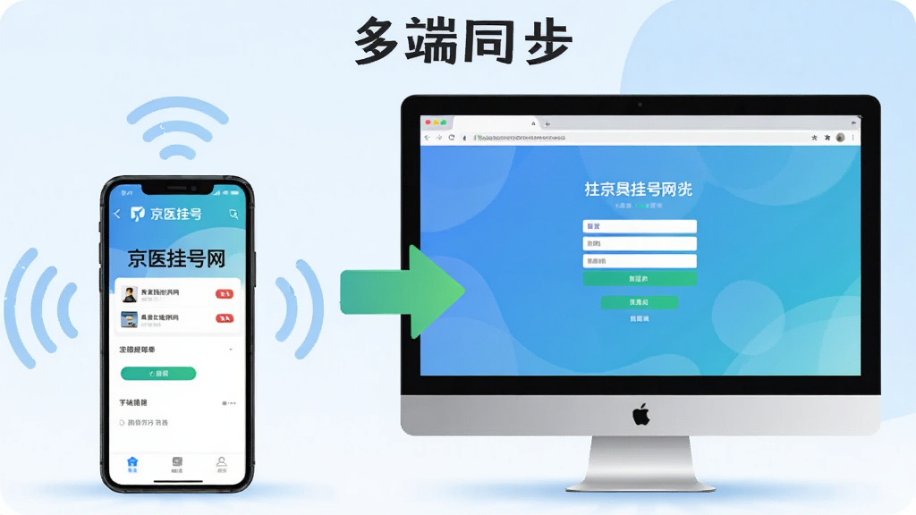 画面主体为一部手机与一台电脑并排放置,手机屏幕显示“京医挂号网”APP使用界面,电脑屏幕显示网页版登录页面;布局采用对称构图,中间以绿色箭头连接;排版简洁,突出“多端同步”概念;风格为现代数码插画风,背景为浅蓝色渐变;细节中手机与电脑周围有无线信号波纹,画质清晰,干净无多余元素