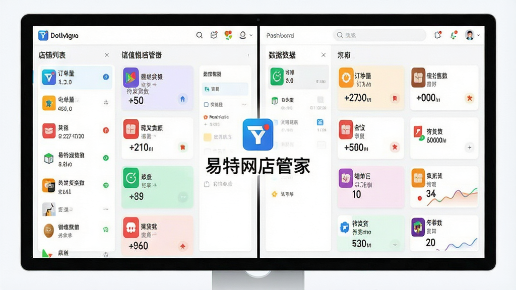 主体:多平台店铺管理界面,屏幕分割显示不同电商平台的后台数据,中心有“易特网店管家”标识;布局:左右对称,左侧为店铺列表,右侧为数据面板;排版:卡片式布局,每个平台用不同颜色图标区分;风格:扁平化设计,色彩鲜明;细节:每个卡片显示订单量、销售额、待发货数等关键指标;画质:高清,干净,无多余元素