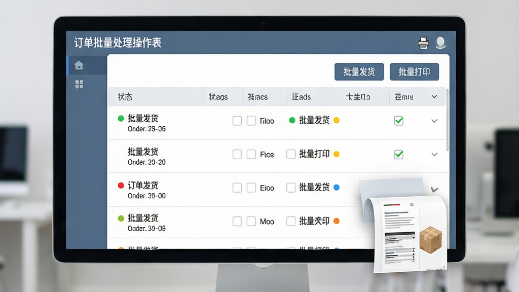 主体:订单批量处理操作界面,显示多张订单勾选状态,并有“批量发货”、“批量打印”按钮;布局:列表式布局,订单行清晰排列,按钮置顶;排版:简洁表格形式,状态标签用彩色圆点标注;风格:商务简洁风,蓝灰色调;细节:屏幕上有快递单打印动画效果,突出高效;画质:高清晰度,干净,无多余元素