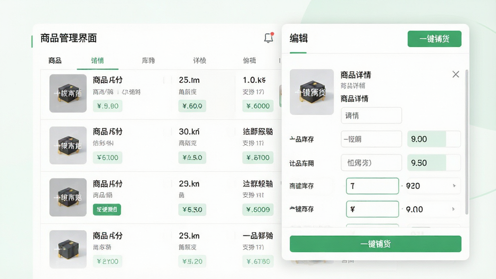 主体:商品管理界面,展示商品列表与编辑窗口,有“一键铺货”按钮;布局:左列表右编辑,右侧为商品详情表单;排版:表单化设计,字段清晰;风格:清新简约风格,绿色点缀;细节:商品图片带水印效果,价格库存字段高亮;画质:高清,干净,无多余元素