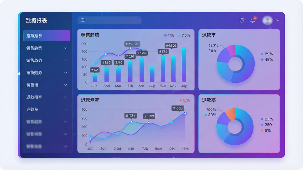 主体:数据报表界面,显示柱状图、折线图、饼图,有“销售趋势”、“退款率”指标;布局:图表居中,左侧为指标列表;排版:图表结合,色彩搭配协调;风格:数据可视化风格,蓝紫渐变;细节:图表有动态效果,数值标注清晰;画质:高清,干净,无多余元素