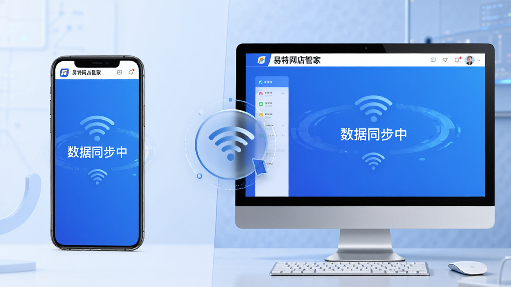 主体:手机与电脑同时显示易特网店管家界面,中间有同步图标;布局:左右分屏,手机在左,电脑在右;排版:对比式,突出跨设备同步;风格:现代科技风,蓝色背景;细节:屏幕上有“数据同步中”字样,有无线连接图标;画质:高清,干净,无多余元素