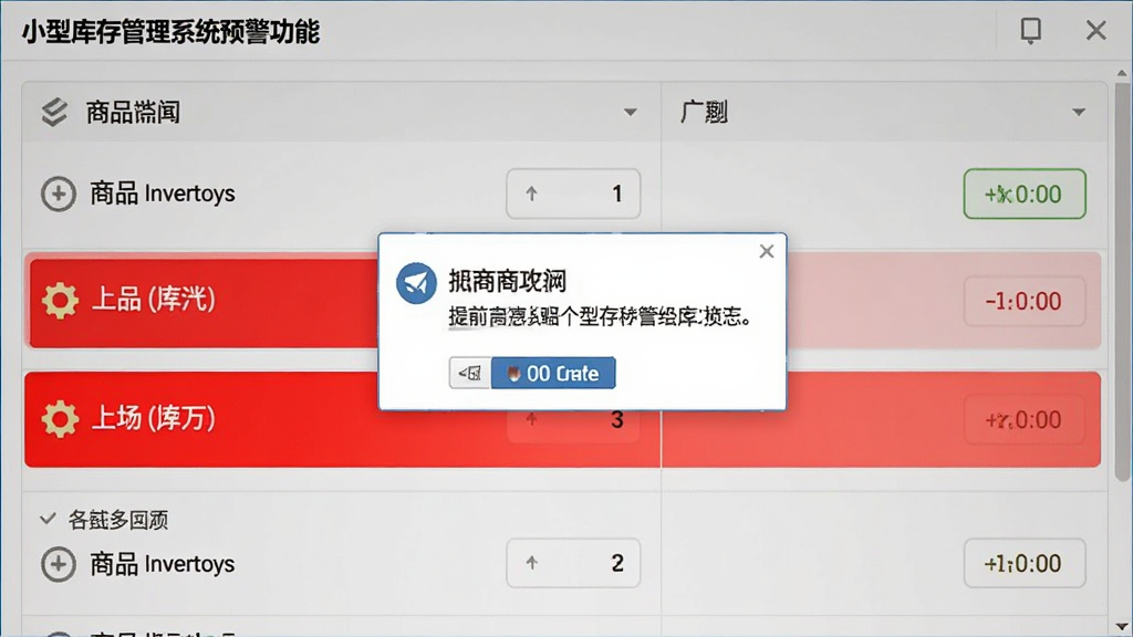 小型库存管理系统预警功能截图,界面上显示多个商品库存条,其中两个商品以红色高亮显示低库存状态,并弹出提醒窗口,风格写实,界面清晰,画质干净,无多余元素