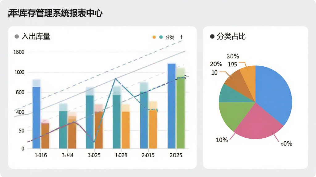 小型库存管理系统报表中心界面,包含多个彩色图表,如柱状图显示入库出库量,饼图显示分类占比,背景为浅灰色,整体风格商务简约,图表清晰,画质高清,无多余元素