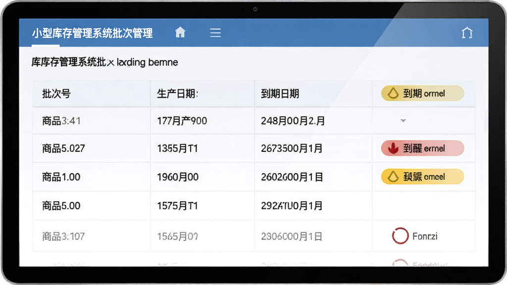 小型库存管理系统批次管理页面,表格中列出商品批次号、生产日期、到期日期,旁边有到期提醒标识,界面设计严谨,信息清晰,画质干净,无多余元素