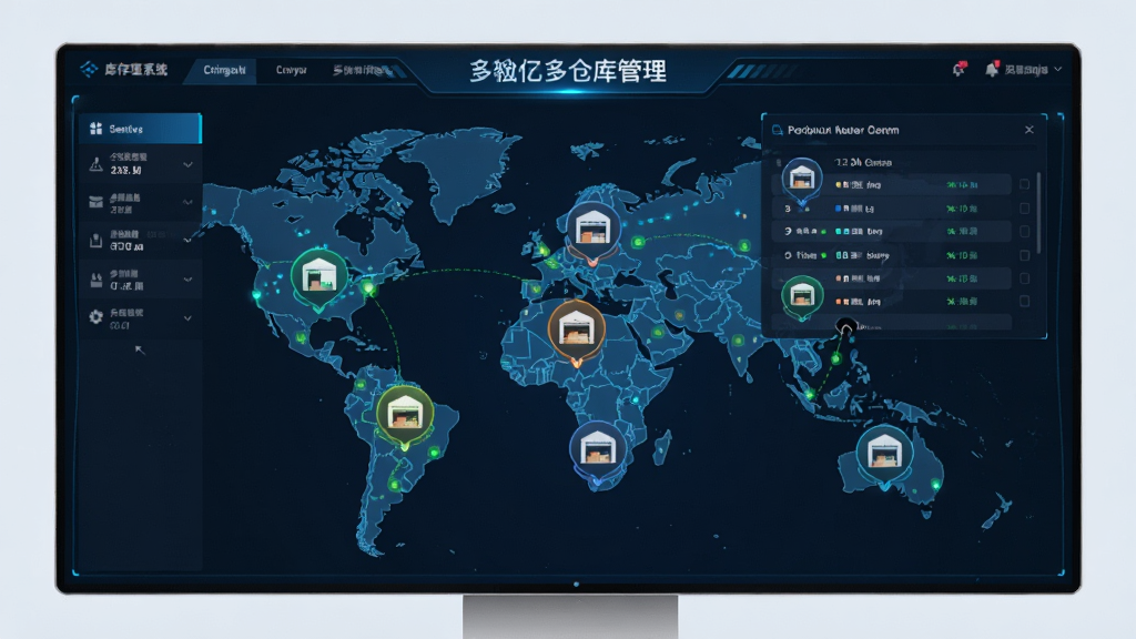 小型库存管理系统多仓库管理界面,地图上分布多个仓库图标,点击后显示具体库存信息,界面科技感强,色彩明亮,画质清晰,无多余元素