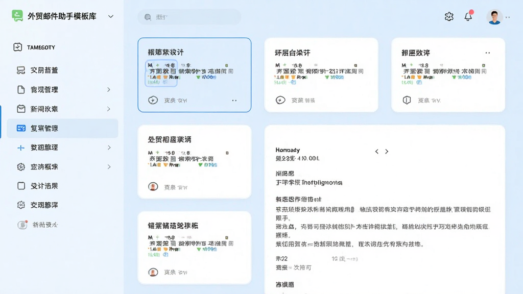 外贸邮件助手模板库界面,左侧分类列表,右侧模板预览卡片,选中模板后显示邮件正文示例,现代简约风格,浅蓝底色,画质高清,无多余元素