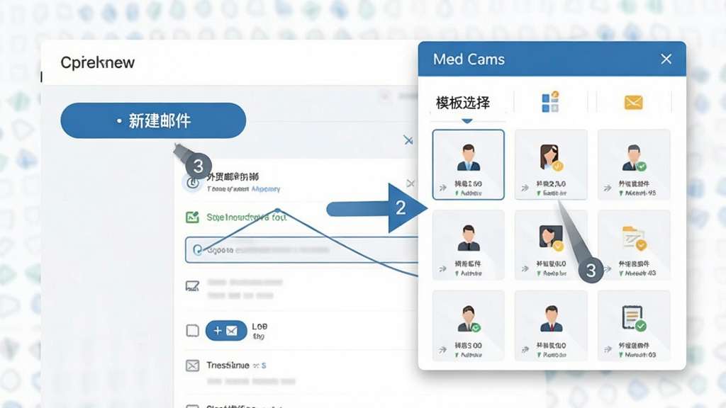 外贸邮件助手操作教程示意图,展示点击“新建邮件”按钮,右侧弹出模板选择窗口,界面清晰,步骤标注数字,商务风格,画质高清,干净无多余元素