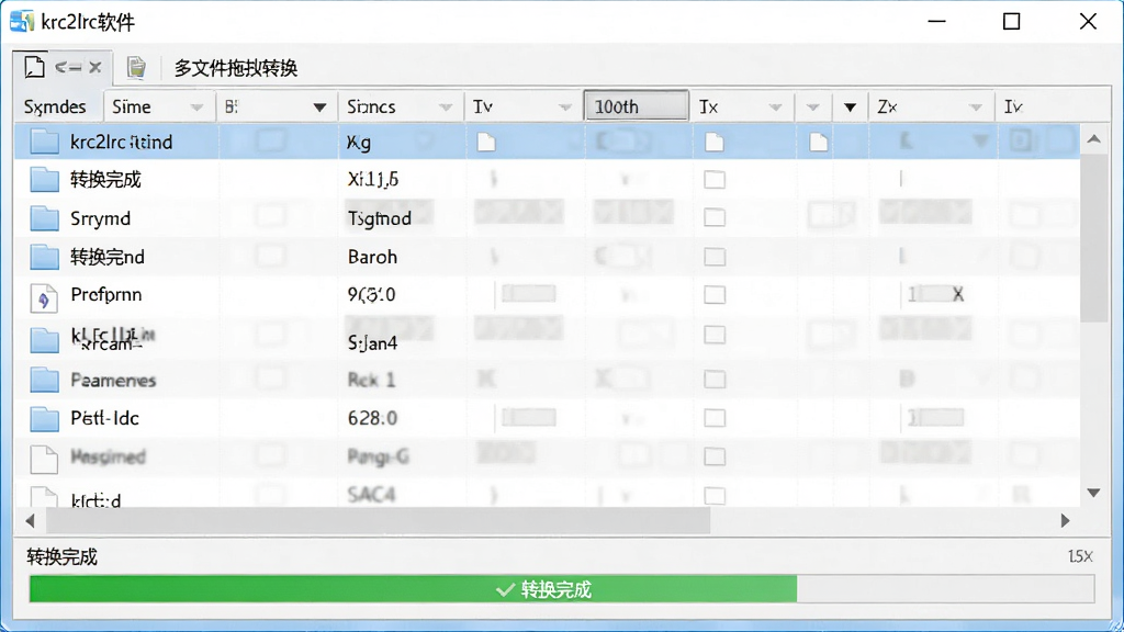 展示krc2lrc软件中多文件拖拽转换的操作界面,主体为文件列表和进度条,布局清晰,排版简洁,风格写实,细节显示“转换完成”提示,画质干净无多余元素