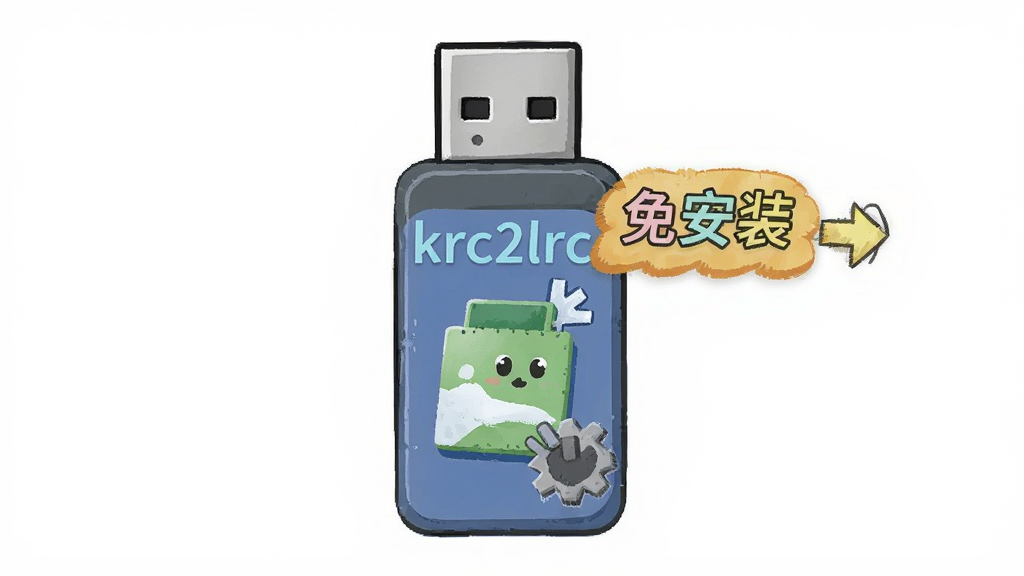 展示krc2lrc软件便携绿色的特性,主体为U盘中的软件图标,布局简单,风格插画,细节标注“免安装”字样,画质干净无多余元素