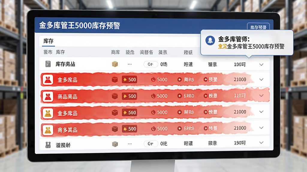 金多库管王5000库存预警界面,屏幕上显示库存列表,部分商品标红预警,右上角弹出通知提示,界面清晰明亮,商务风格,细节丰富,画质干净
