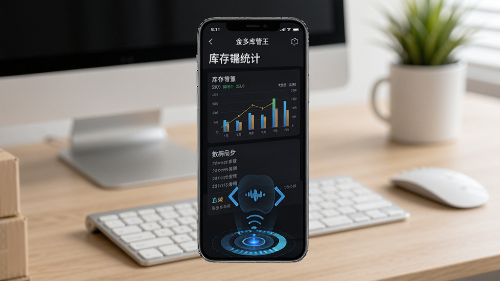 金多库管王5000移动端管理界面,手机屏幕上显示库存统计图表,背景为办公桌面,手机下方有数据同步动画,画面清晰明亮,细节丰富,画质干净