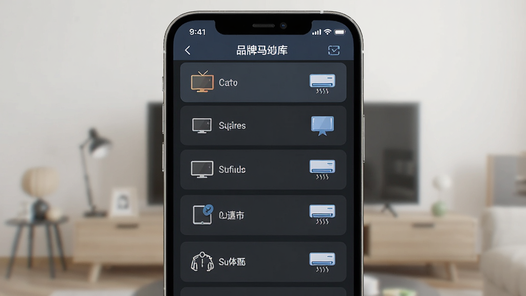 智能万能遥控红外码库匹配界面,主体为手机屏幕展示品牌列表和匹配动画,布局为列表式,排版清晰,风格扁平化,细节有电视、空调图标,画质清晰,干净,无多余元素