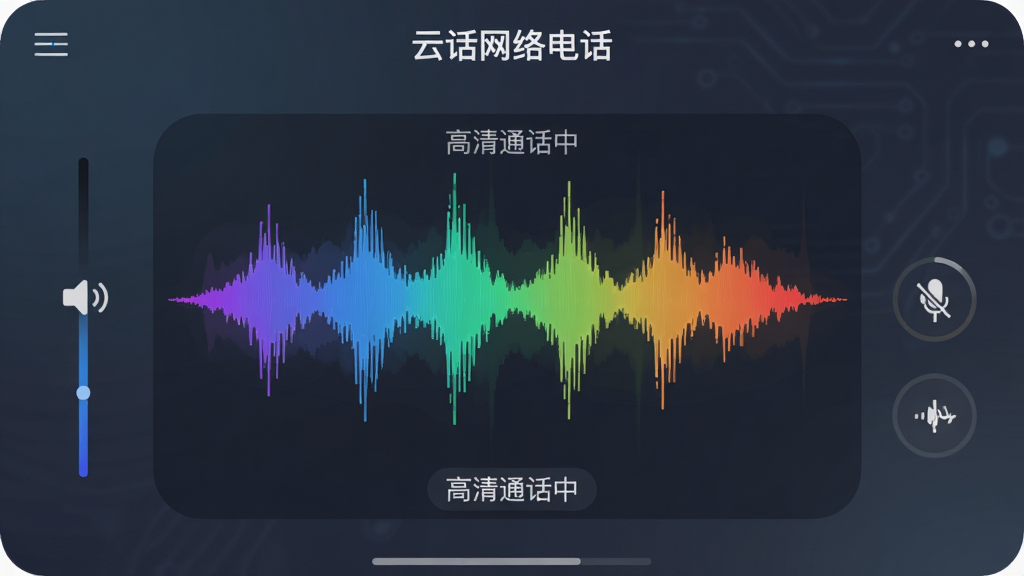 主体:云话网络电话的通话界面,显示高清音频波形图;布局:波形图居中,两侧有音量调节与静音图标;排版:简约科技风,颜色鲜艳;风格:动态可视化;细节:波形图色彩渐变,显示“高清通话中”字样;画质:细腻,干净,无多余元素。