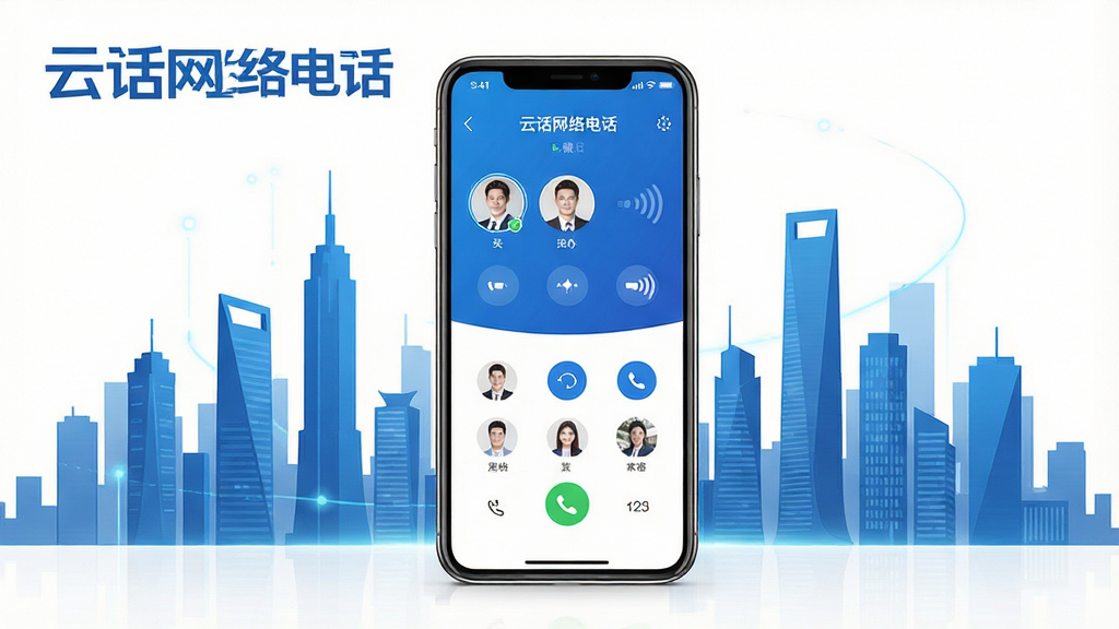 主体:一部智能手机屏幕显示云话网络电话的拨号界面,背景为现代商务城市剪影;布局:手机居中,屏幕内容清晰可辨,周围留白;排版:简洁大气,突出软件名称“云话网络电话”字样;风格:科技感与商务风结合,色调以蓝色和白色为主;细节:界面显示联系人头像、通话按钮、信号波纹;画质:高清渲染,干净,无多余元素。