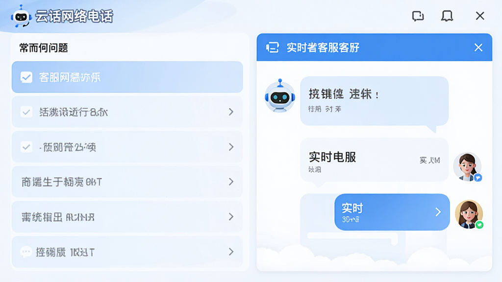 主体:云话网络电话的客服支持界面,显示常见问题与实时客服按钮;布局:左侧问题列表,右侧客服对话窗口;排版:清晰简洁;风格:友好服务风;细节:机器人头像与用户头像;画质:高清,干净,无多余元素。