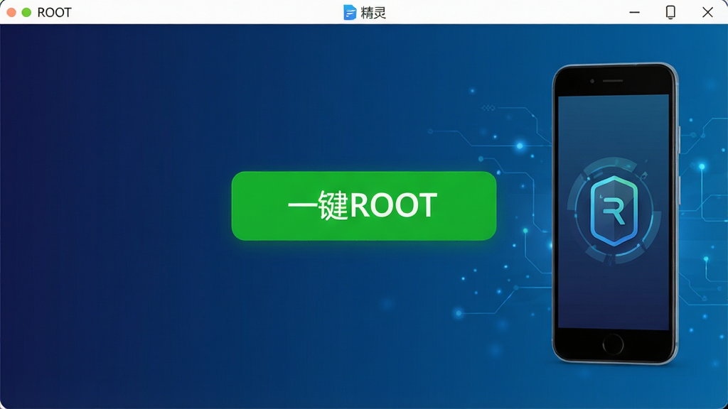 一张展示ROOT精灵软件主界面的高清截图,界面简洁现代,中央有醒目的“一键ROOT”按钮,背景为深蓝色渐变,按钮为亮绿色,手机模型插画位于右侧,整体风格科技感十足,画质细腻干净,无多余元素