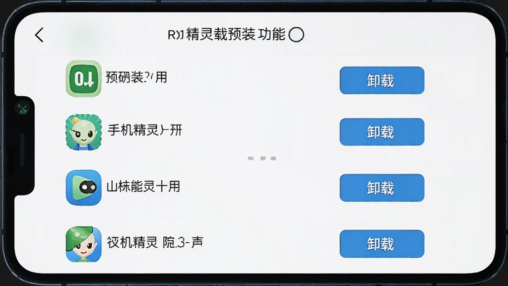 ROOT精灵卸载预装应用功能页面,屏幕列出手机预装应用列表,每个应用后带有“卸载”按钮,界面风格简约,白色背景,图标清晰,画质干净