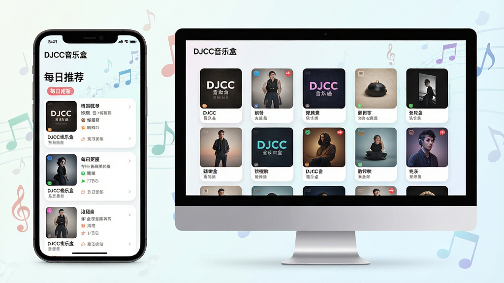 主体:DJCC音乐盒的“每日推荐”页面展示,手机与电脑屏幕并排显示。布局:左侧手机屏幕显示推荐歌单列表,右侧电脑屏幕展示专辑封面墙。排版:采用网格布局,每张封面下方标注歌曲名与歌手,整体排列整齐。风格:明亮清新的浅色背景,卡片圆角设计,视觉柔和。细节:屏幕左上角有“DJCC音乐盒”LOGO,推荐区域带有“每日更新”标签,背景有音符元素点缀。画质:高清,干净无多余元素。