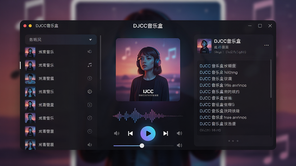 主体:一款名为“DJCC音乐盒”的桌面音乐播放器界面,居中显示专辑封面与播放控制条。布局:左侧为歌曲列表,右侧为正在播放的曲目详情与歌词滚动区域,整体排版简洁清晰。排版:采用深色主题,高亮显示播放按钮,字体清晰易读。风格:现代扁平化设计,带有微妙的渐变光效,营造沉浸式听歌氛围。细节:界面中可见“DJCC音乐盒”字样,播放器上显示波形图与音量滑块,背景为模糊处理的音乐海报。画质:4K超高清,干净无多余元素。