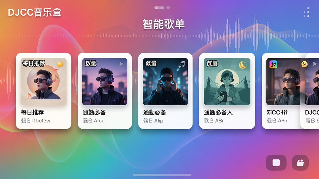 主体:DJCC音乐盒的“智能歌单”功能界面,展示多个封面不同的歌单卡片。布局:横向排列的卡片式设计,每个卡片显示歌单名称、歌曲数量与封面图。排版:卡片大小一致,间距均匀,整体呈水平滚动布局。风格:多彩渐变背景,卡片阴影效果,现代感强。细节:卡片上标注“每日推荐”、“通勤必备”等字样,左上角有“DJCC音乐盒”水印,背景为抽象音频波形。画质:高清,干净无多余元素。