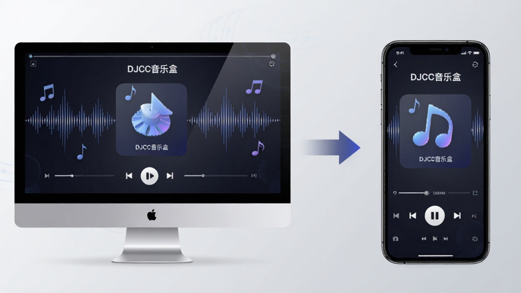主体:DJCC音乐盒在电脑与手机上的同步使用场景展示,左屏电脑,右屏手机。布局:左右对称,电脑与手机屏幕均显示播放界面,中间用箭头连接。排版:各元素比例协调,背景为浅灰渐变。风格:科技感,简洁明了。细节:电脑与手机屏幕上均显示“DJCC音乐盒”名称,背景有音符与声波图案。画质:高清,干净无多余元素。