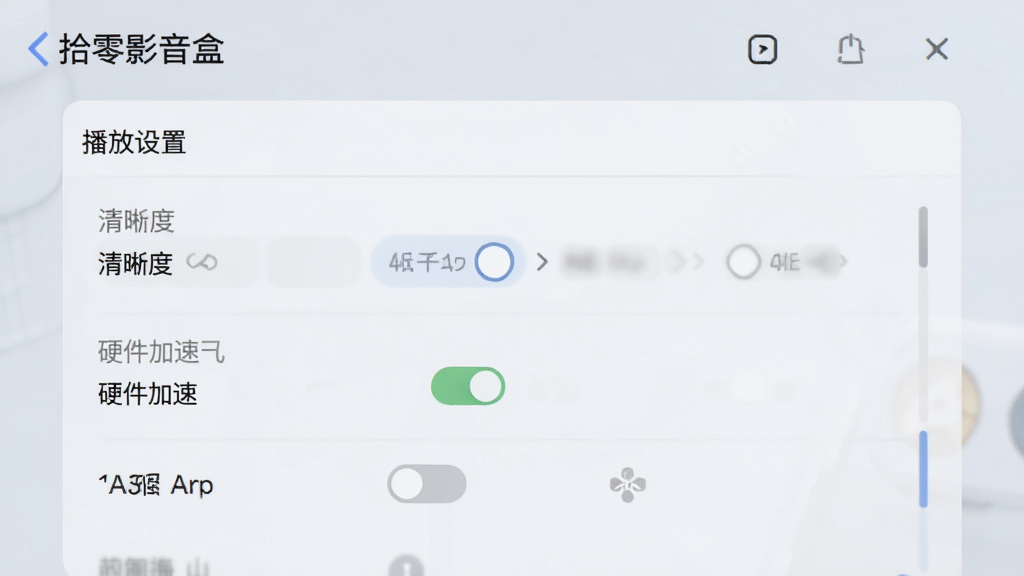 拾零影音盒设置界面,展示“播放设置”选项,包含清晰度选择、硬件加速开关等,背景为浅色,界面简洁,现代风格,高清画质,干净无多余元素