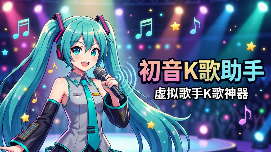 主体:初音未来形象站在舞台中央,手持麦克风,背景为炫彩灯光与音符飘动;布局:人物居中偏左,右侧留白放置软件名称“初音K歌助手”艺术字;排版:主标题大号字体,下方一行小字“虚拟歌手K歌神器”;风格:二次元动漫风,色彩明亮,高饱和;细节:发丝飘逸,麦克风有音波特效,音符与星星点缀;画质:8K超清,干净,无多余元素。