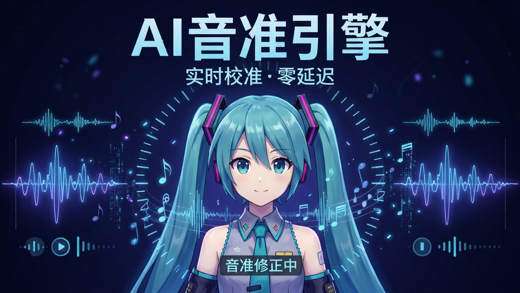 主体:初音未来半身像,周围环绕音准刻度线与音符波纹,显示“音准修正中”字样;布局:人物居中,左右两侧对称分布波形图与修正指示;排版:上方大字“AI音准引擎”,下方小字“实时校准零延迟”;风格:科技感二次元,蓝紫色调;细节:波形线条发光,有微小的数据流粒子;画质:高清细腻,干净无杂物。