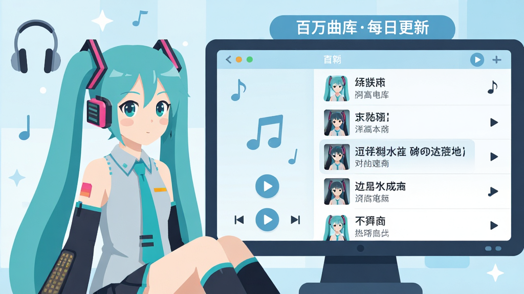 主体:初音未来坐在音乐播放器界面旁,屏幕显示歌曲列表;布局:左侧人物,右侧歌单界面,有滚动歌词效果;排版:界面顶部显示“百万曲库每日更新”,列表行有歌曲名与歌手;风格:清新扁平风,浅蓝与白色为主;细节:耳机、音符、播放按钮等元素点缀;画质:高分辨率,界面清晰,无多余元素。