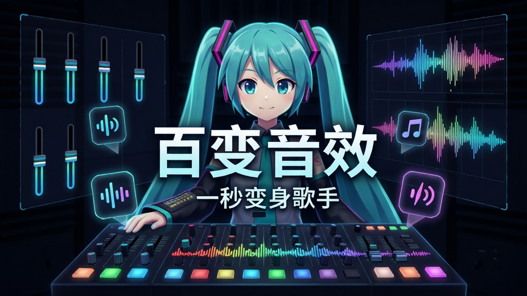 主体:初音未来手持调音台,前方悬浮着多个音效图标(混响、回声、电音);布局:人物居中,四周环绕音效调节滑块与波形曲线;排版:中央大字“百变音效”,下方小字“一秒变身歌手”;风格:酷炫科技风,暗色背景配霓虹光效;细节:调音台有发光按钮,声音波形呈现彩色渐变;画质:超清,干净,无多余元素。