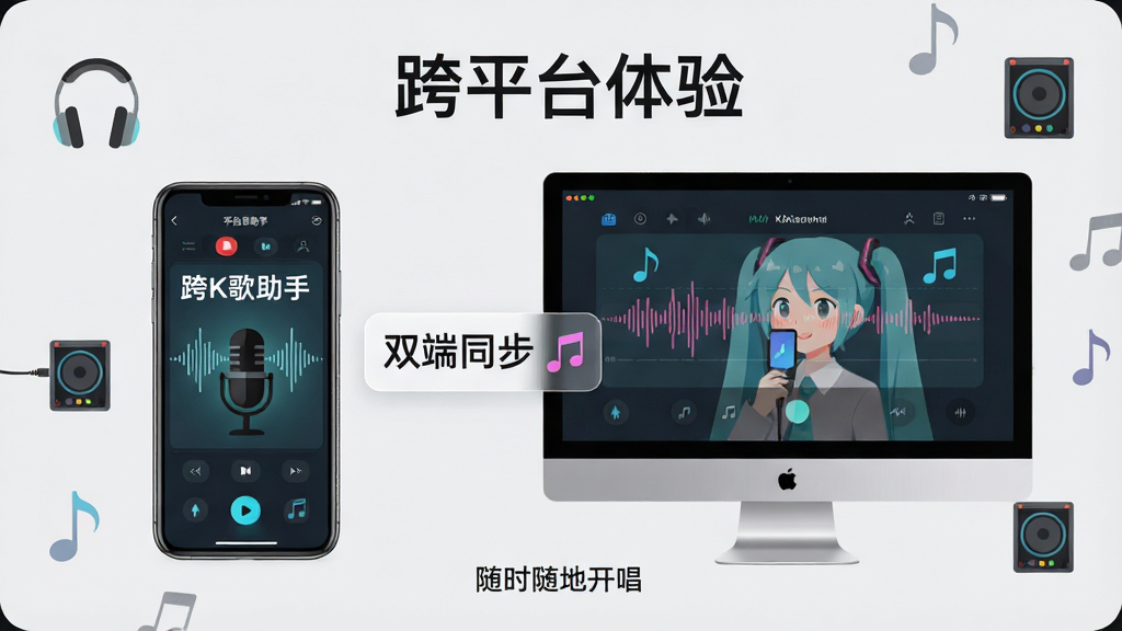 主体:一部手机与一台电脑并排展示初音K歌助手界面,屏幕上有麦克风与音符;布局:手机在左,电脑在右,中间有“双端同步”字样;排版:顶部标题“跨平台体验”,底部小字“随时随地开唱”;风格:现代扁平风,浅灰色背景;细节:设备屏幕显示波形图,周围有耳机、声卡等外设图标;画质:高清,干净,无多余元素。