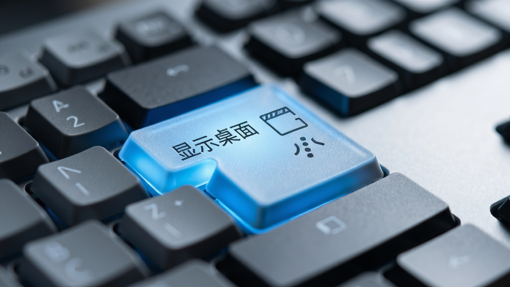 主体:电脑键盘特写,一个按键被高亮显示,发出蓝色的光;布局:键盘斜放于画面中,高亮按键位于中心偏左;排版:画面聚焦,背景虚化;风格:写实摄影风格,带有科技感光效;细节:高亮按键上印有“显示桌面”字样,旁边有表示窗口最小化的动态线条图标;画质:高清,景深效果,干净,无多余元素