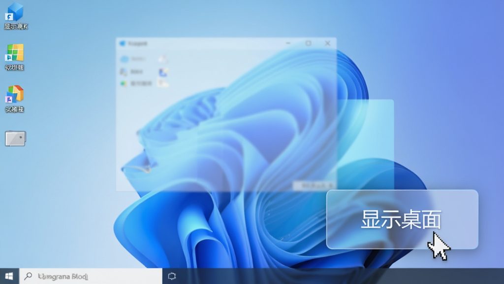 主体:一个简洁现代的Windows电脑桌面,屏幕中央有一个半透明的“显示桌面”悬浮按钮;布局:电脑屏幕占据画面主要位置,按钮悬浮于屏幕右下角,周围有少量图标;排版:画面干净,按钮醒目,桌面壁纸为柔和的渐变蓝色;风格:扁平化设计,UI风格清新,科技感;细节:按钮上带有“显示桌面”字样,鼠标指针悬停于其上,屏幕上的窗口变得半透明;画质:8K超高清,细节丰富,干净,无多余元素