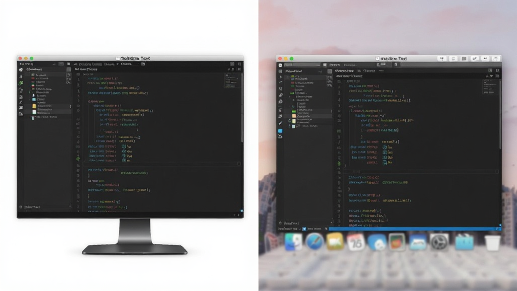 一张展示Sublime Text在不同操作系统(Windows、macOS)上运行的对比图,左右分屏展示,界面风格统一,代码高亮,画面干净,Sublime Text 跨平台预览图