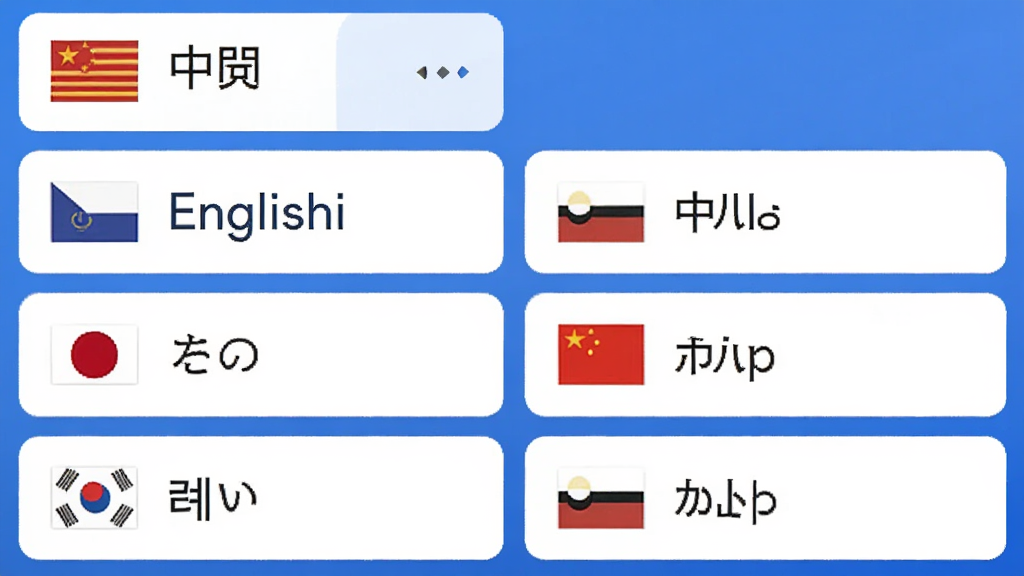 谷歌翻译器界面展示多种语言列表,包括中文、英文、日文、韩文等,每个语言名称旁边有对应的国旗图标,背景为蓝色渐变,排版整齐清晰,风格现代简约,画质高清,干净无多余元素