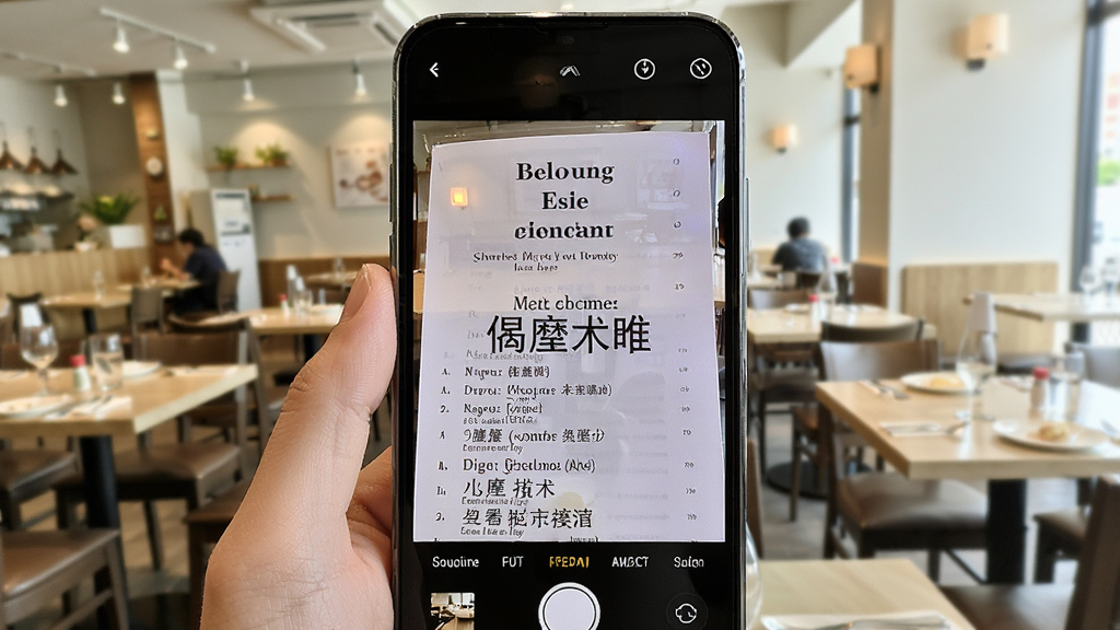 谷歌翻译器拍照翻译功能演示,手机摄像头对准一张英文菜单,屏幕上实时显示中文翻译结果,菜单上有清晰的文字,背景为餐厅环境,光线明亮,构图稳定,风格写实,画质高清,干净无多余元素