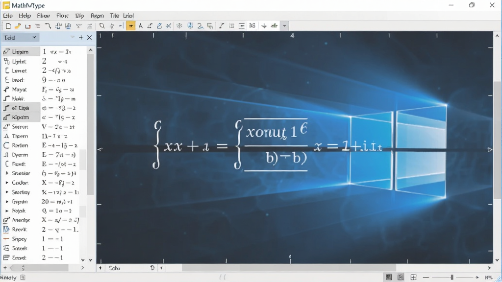 展示MathType数学公式编辑器在Windows电脑上运行的界面,中央有一个正在编辑的复杂积分公式,左侧是符号分类列表,底部有状态栏,界面干净整洁,专业感强,画质高清