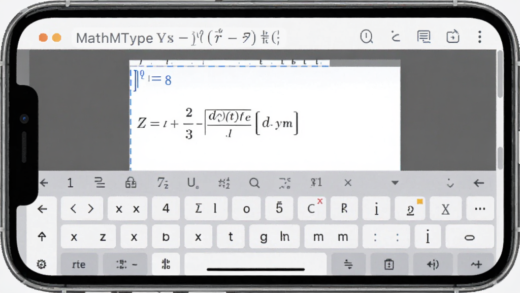 展示MathType数学公式编辑器在手机上的编辑界面,屏幕中央有公式输入区域,下方有符号键盘,色彩柔和,界面清晰,适合移动端操作,画质干净