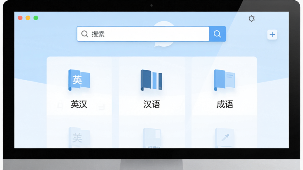主视觉画面展示给力大辞典软件在电脑桌面运行的界面,界面简洁干净,搜索框位于顶部居中,下方分类展示英汉、汉语、成语等词库图标,浅蓝与白色搭配的现代化扁平设计风格,布局清晰,画质干净,无多余元素,高分辨率。