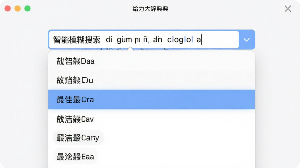 展示给力大辞典软件的智能模糊搜索功能,输入框中输入不完整的拼音或字母,下方下拉列表实时显示多个联想匹配词条,界面高亮显示最佳匹配项,现代简约的交互设计,画质干净,无多余元素。