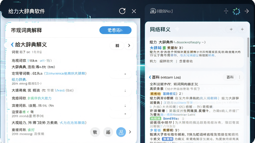 展示给力大辞典软件的网络释义功能页面,屏幕分为左右两部分,左侧是常规词典解释,右侧是网络释义与百科条目,顶部有刷新和加载动画,界面科技感十足,色彩明快,画质干净。